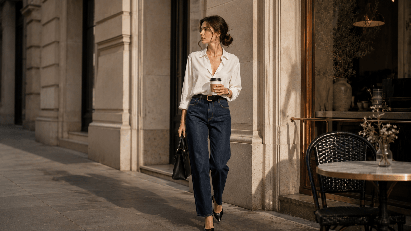 Cómo combinar una blusa blanca con jeans rectos oscuros y tacones negros para un conjunto más pulido.