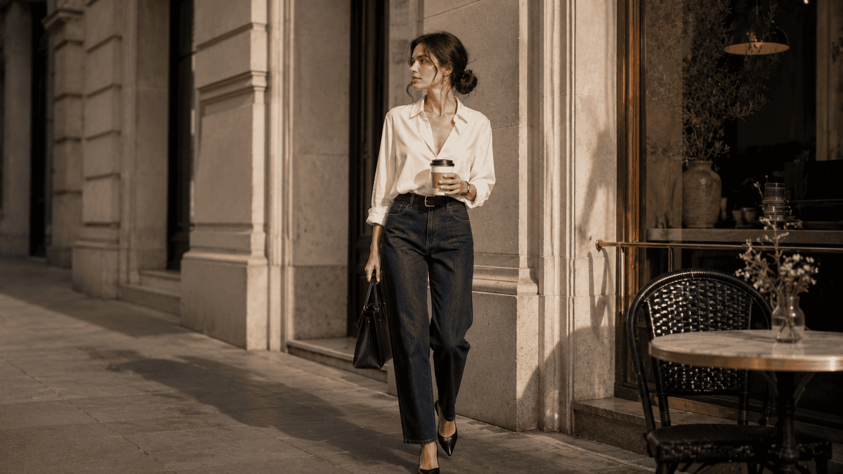 Cómo combinar una blusa blanca con jeans rectos oscuros y tacones negros para un conjunto más pulido.