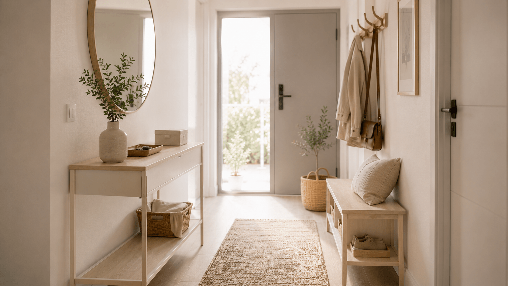 Muebles claros y ligeros en recibidor moderno pequeño que ayudan a crear una entrada más luminosa y despejada.