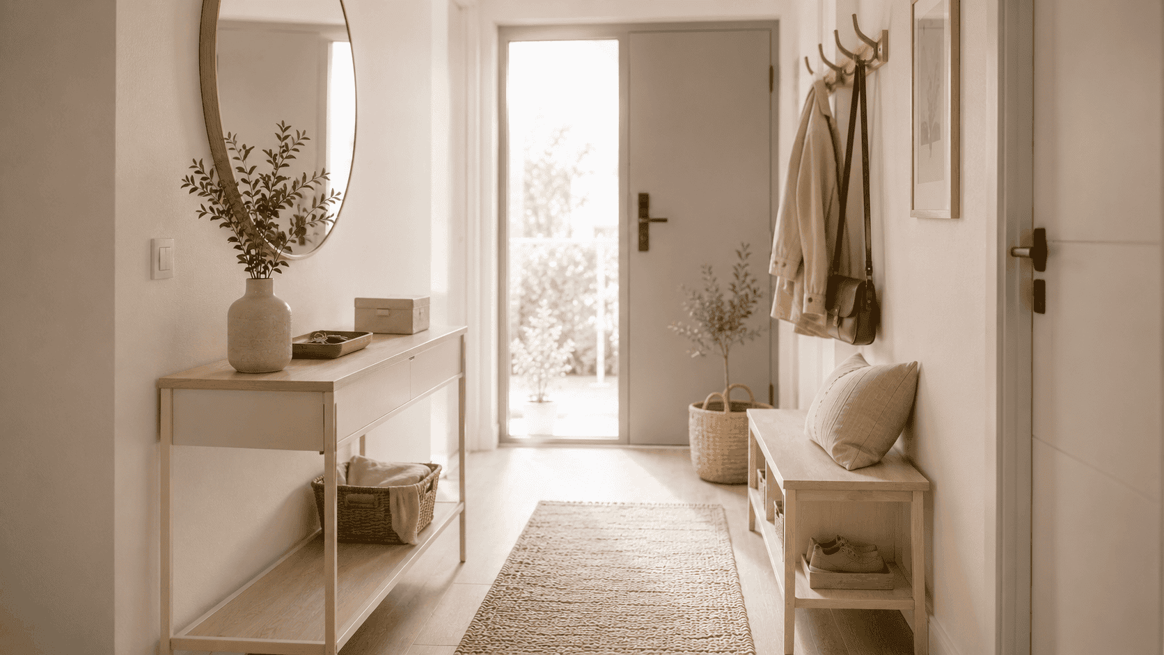 Muebles claros y ligeros en recibidor moderno pequeño que ayudan a crear una entrada más luminosa y despejada.