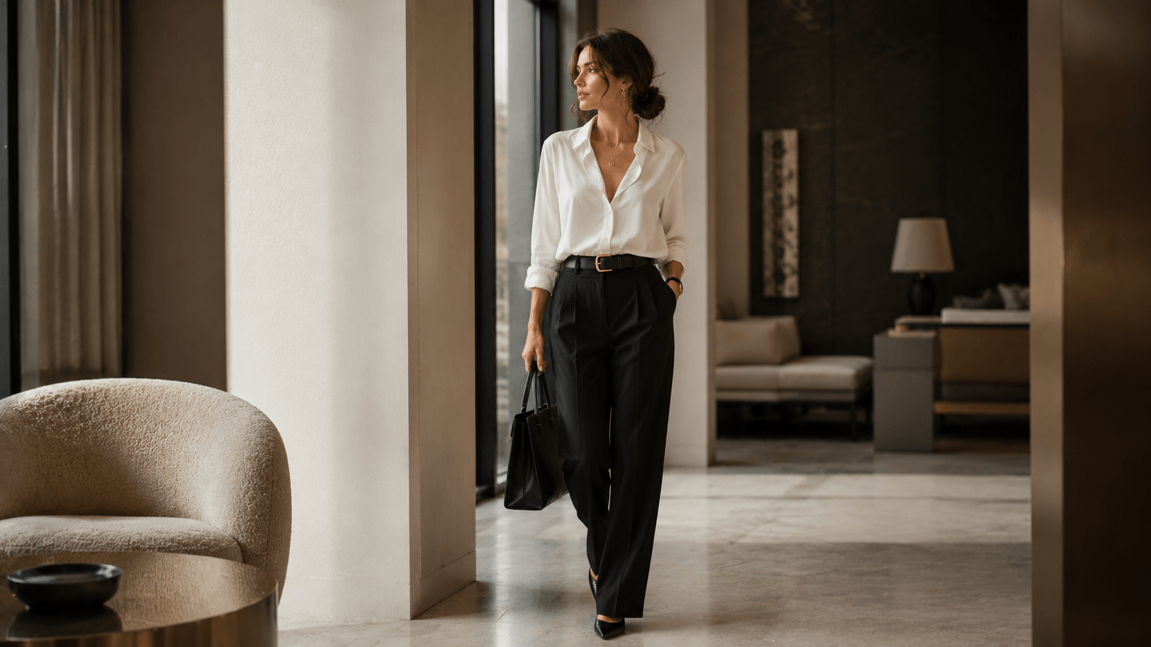 Blusa blanca con pantalón sastre beige y accesorios discretos para un conjunto más limpio y equilibrado.