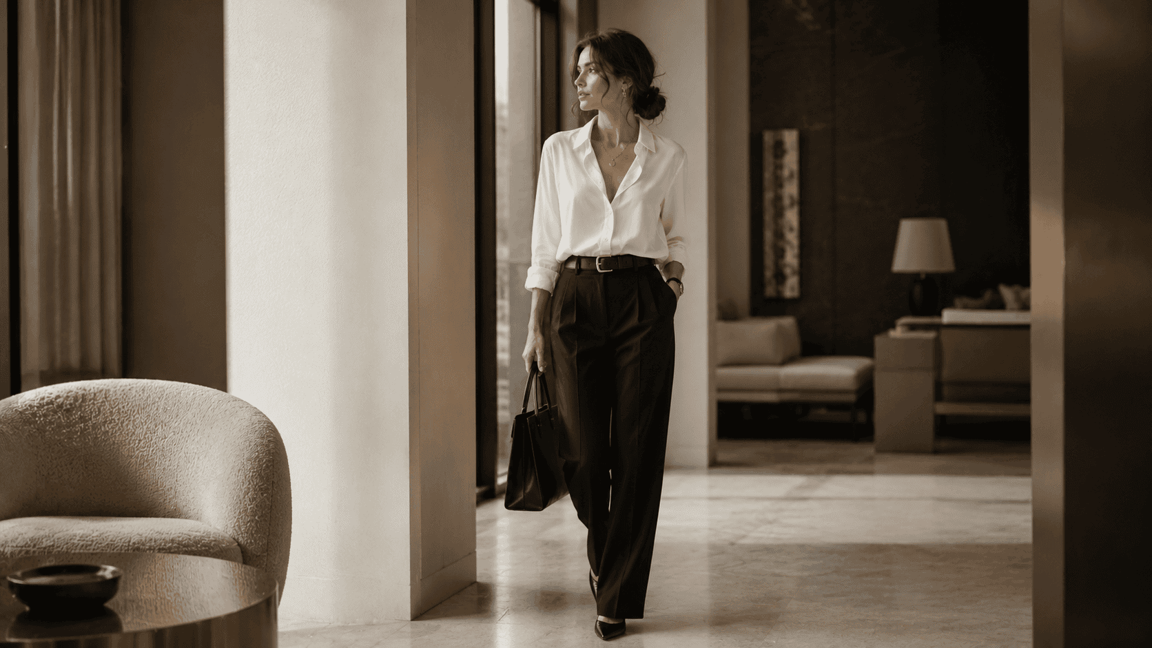 Blusa blanca con pantalón sastre beige y accesorios discretos para un conjunto más limpio y equilibrado.