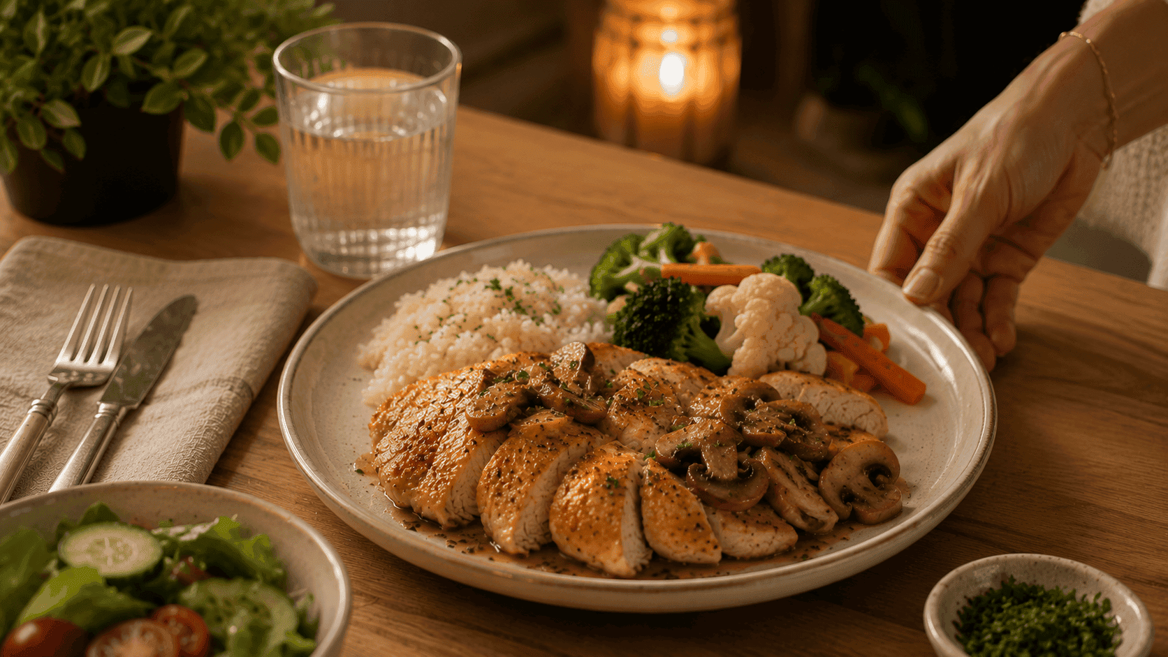 Pechuga de pollo con champiñones y verduras al vapor como opción de cena liviana para cerrar la semana sin complicaciones.