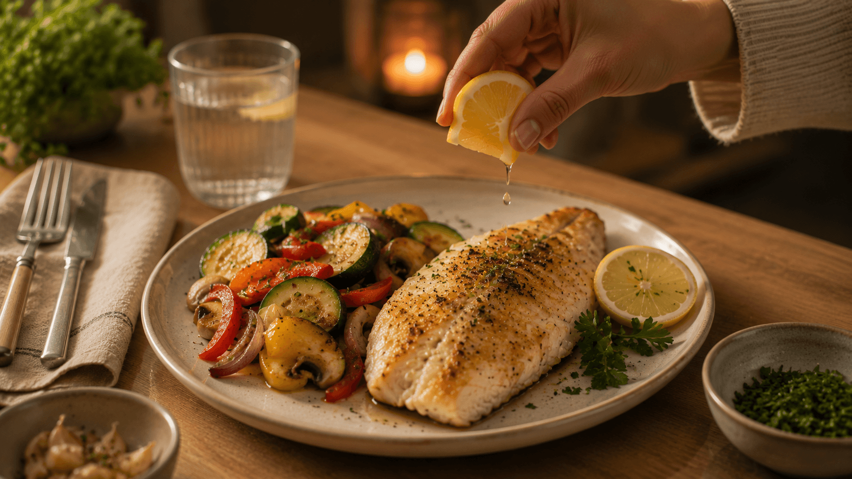 Pescado a la plancha acompañado de verduras salteadas dentro de un menú de cenas saludables pensado para la noche.