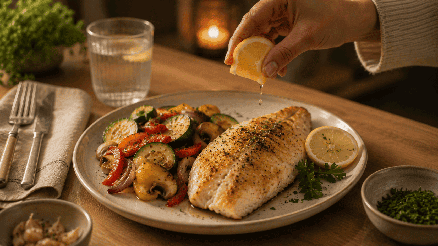 Pescado a la plancha acompañado de verduras salteadas dentro de un menú de cenas saludables pensado para la noche.