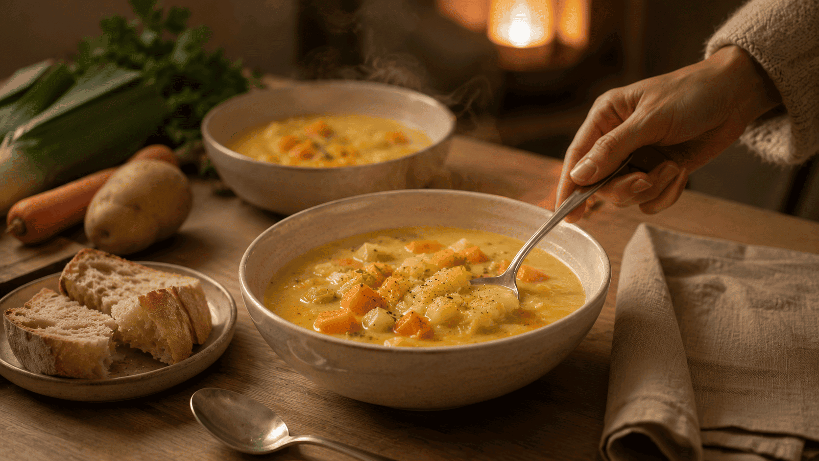 Sopa de verduras con calabaza, zanahoria y puerro en una de las cenas fáciles para la semana más reconfortantes y ligeras.