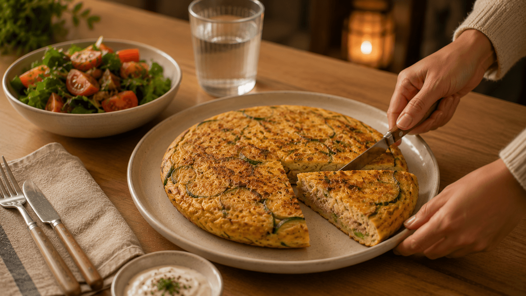 Tortilla de calabacín y atún acompañada de hojas verdes en una de esas cenas saludables fáciles de preparar para el fin de semana.