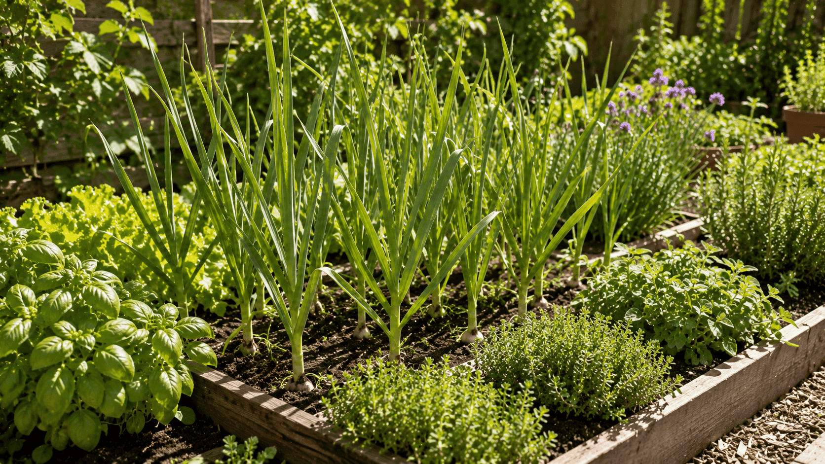 Hileras de ajo cultivadas entre hierbas aromáticas y hortalizas en un huerto doméstico bien organizado.