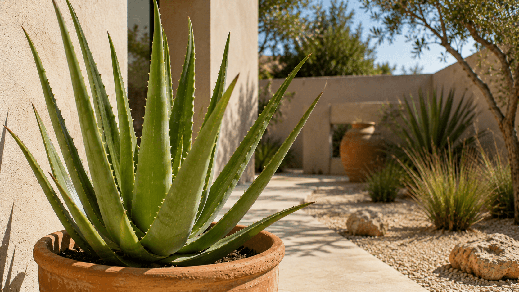 Aloe vera en maceta bajo sol directo, una de las plantas de exterior resistentes al sol que necesitan poca agua.