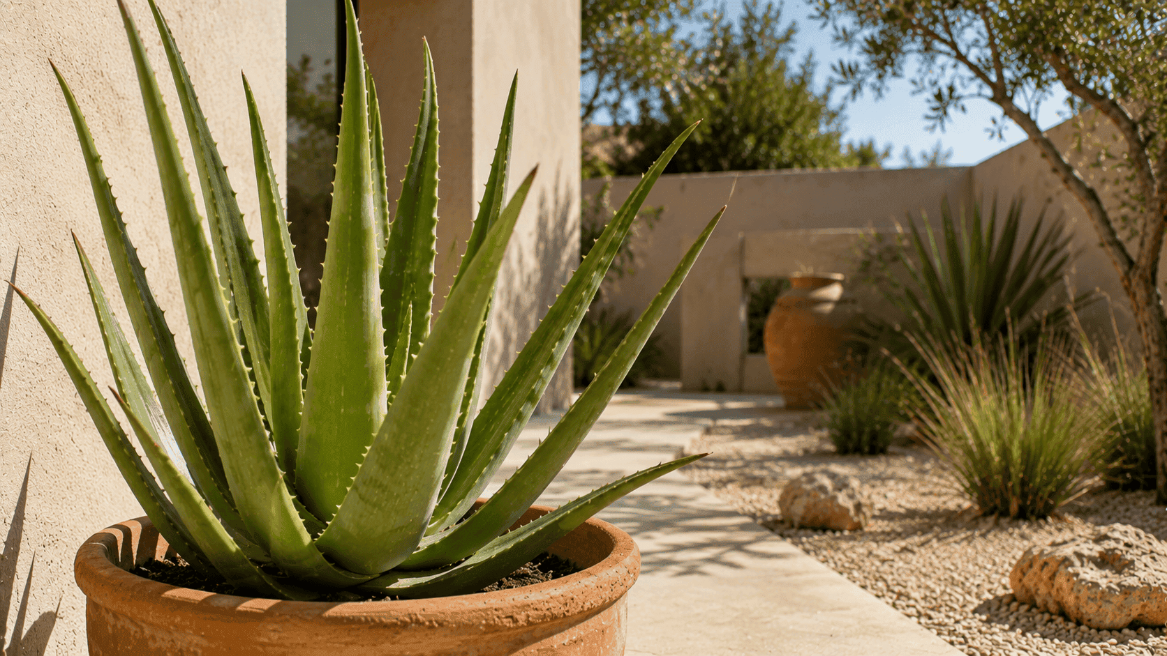 Aloe vera en maceta bajo sol directo, una de las plantas de exterior resistentes al sol que necesitan poca agua.