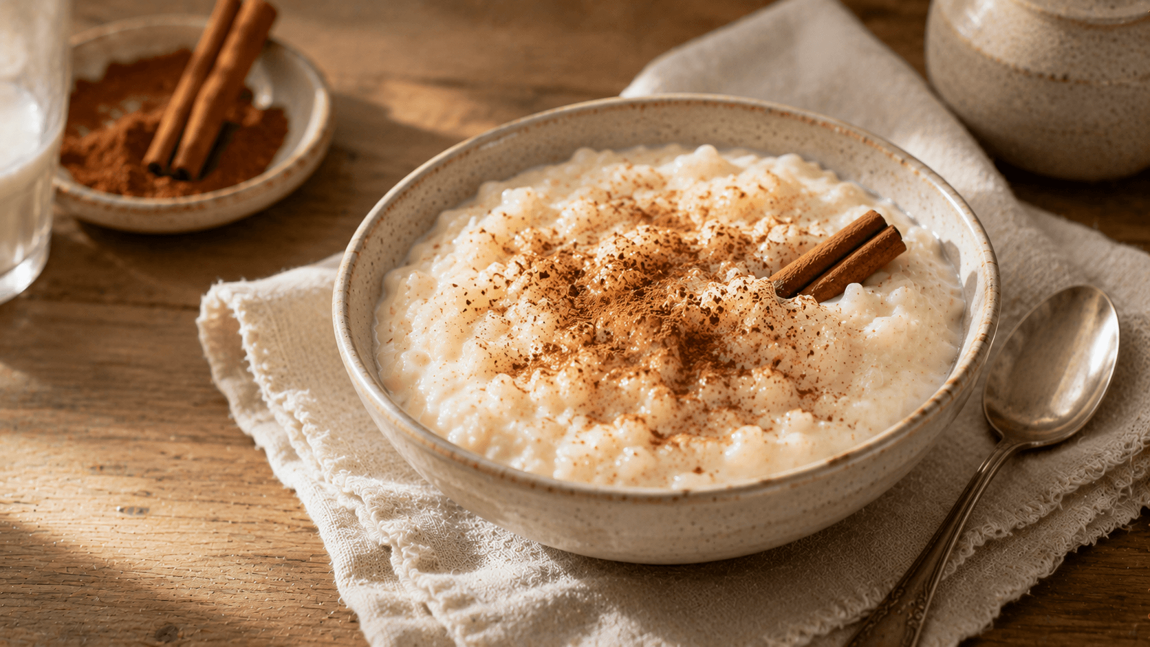 Tazón de arroz con leche espolvoreado con canela, un clásico entre los postres sin harina preparados en casa.