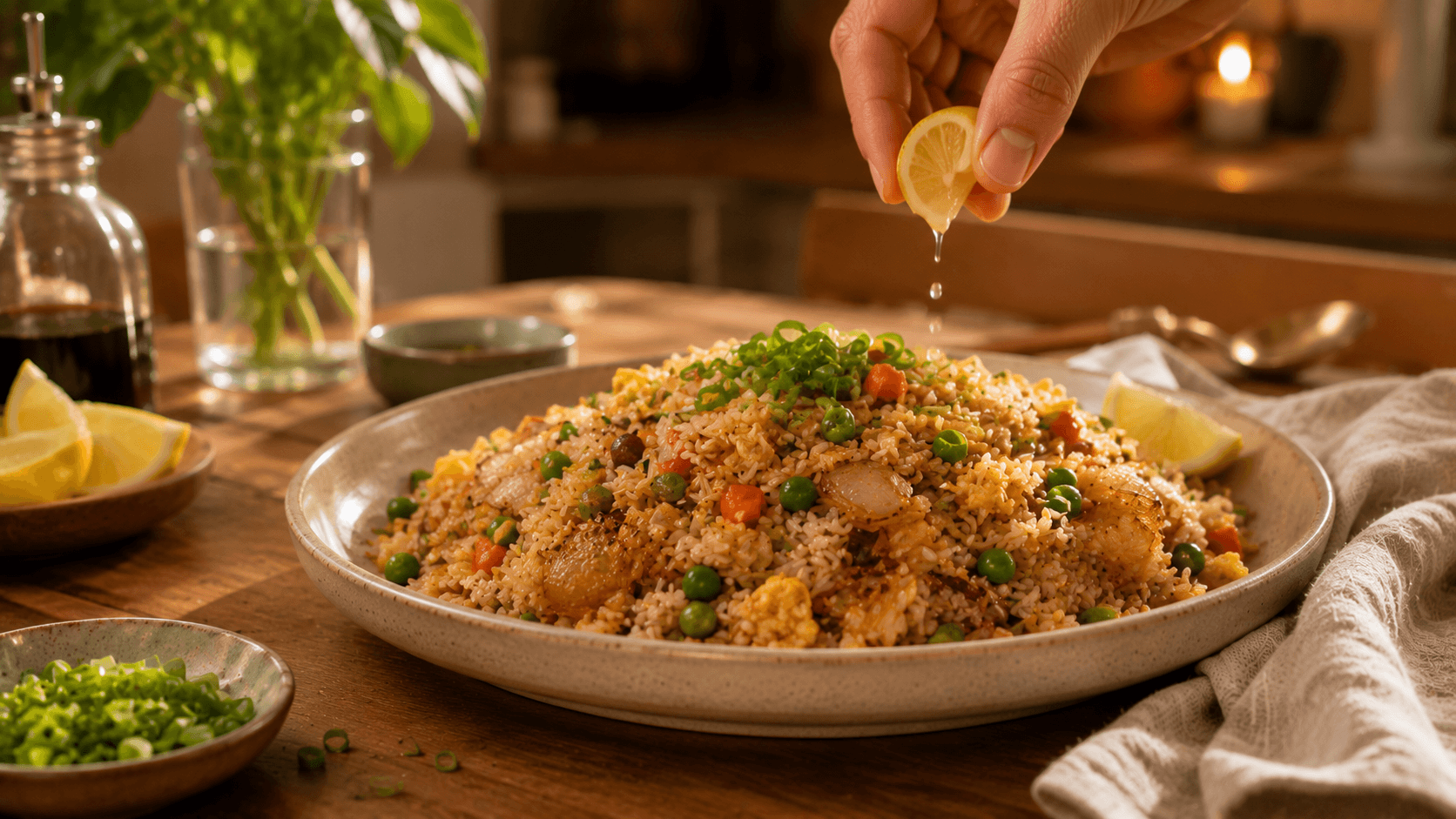 Arroz salteado con huevo, verduras y limón recién exprimido, preparado con ingredientes básicos que suelen estar en casa
