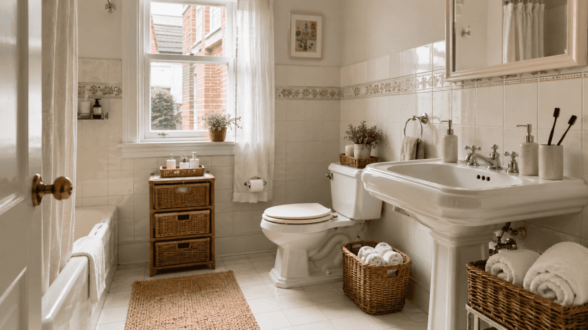 Baño anticuado con cestas de madera