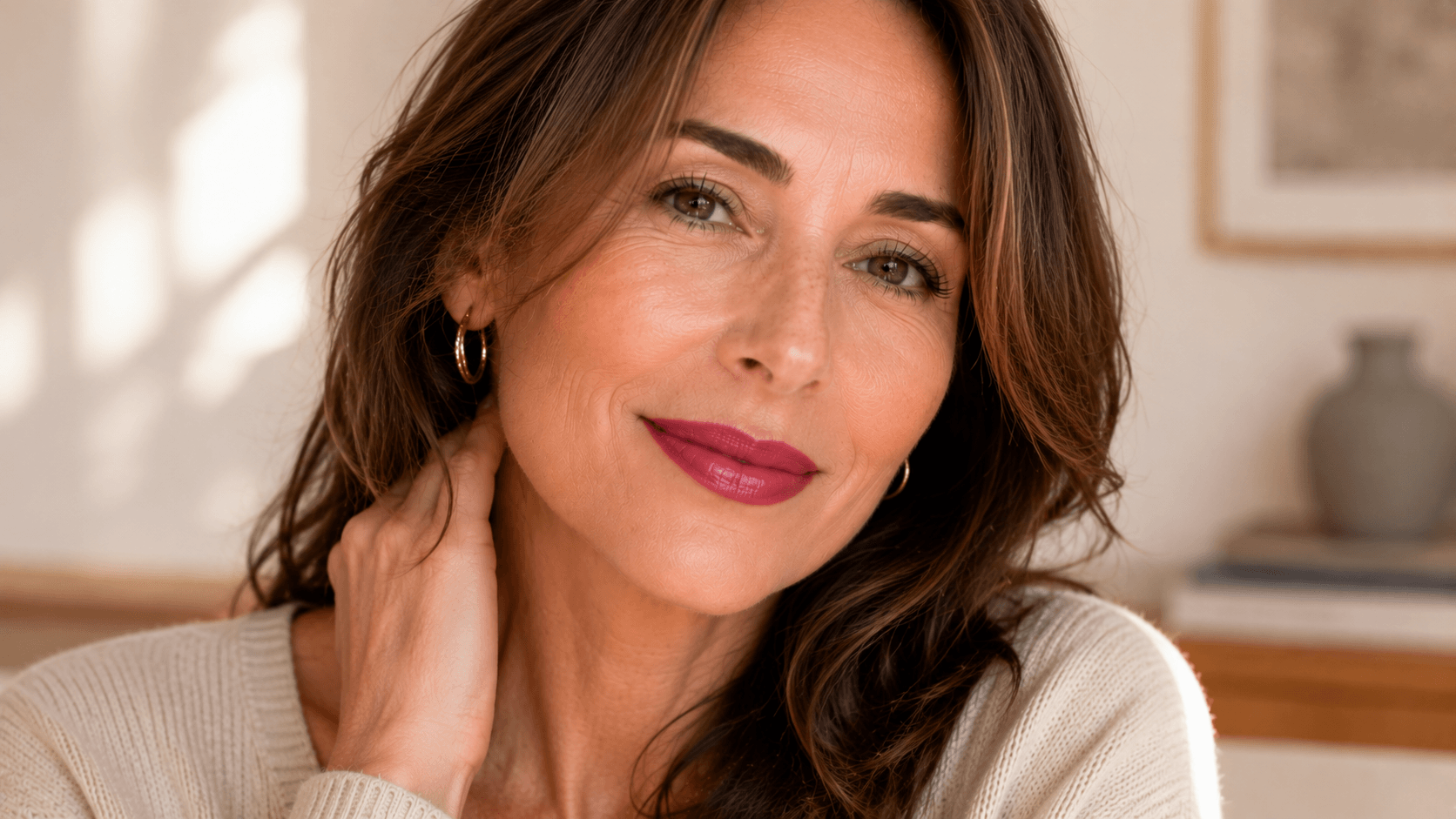 Mujer con labial berry de acabado cremoso que aporta profundidad y luminosidad a la piel madura
