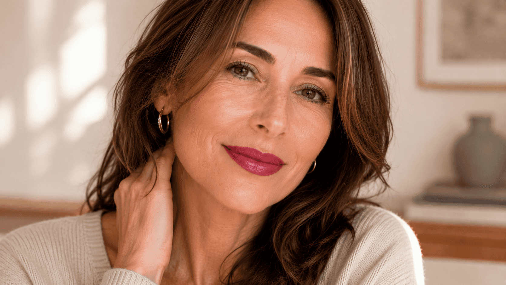 Mujer con labial berry de acabado cremoso que aporta profundidad y luminosidad a la piel madura
