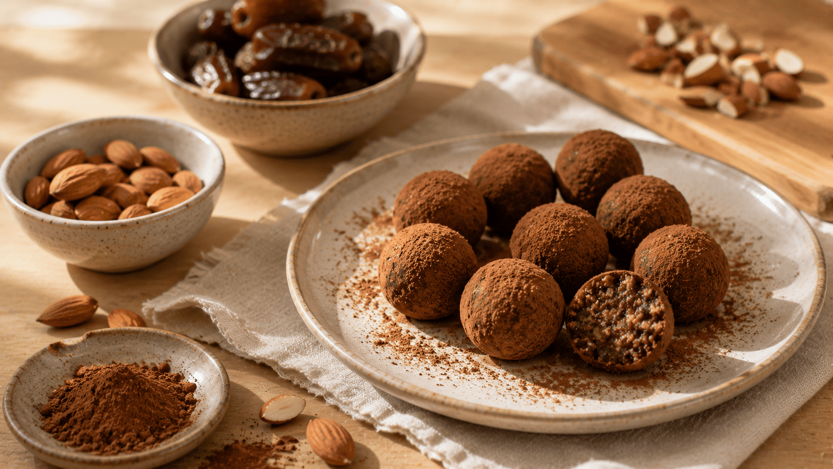 Bombones de dátiles y almendras cubiertos con cacao, elaborados con pocos ingredientes y sin necesidad de cocción.