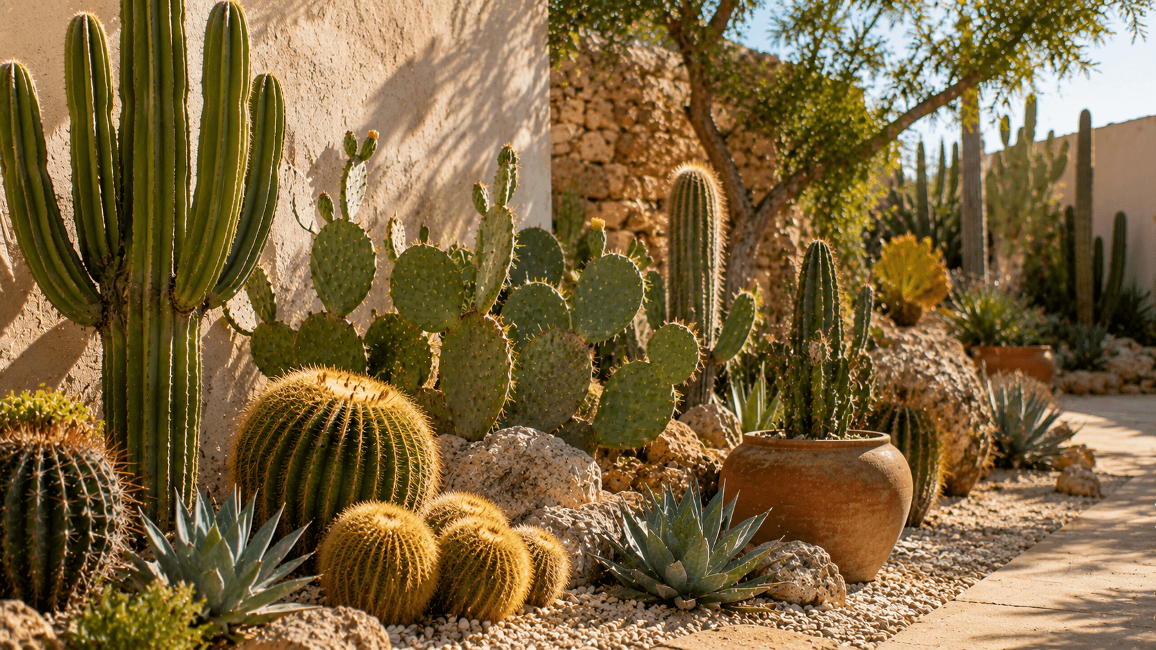 Colección de cactus y suculentas en un jardín árido, ideal para zonas secas y cálidas con mucho sol.