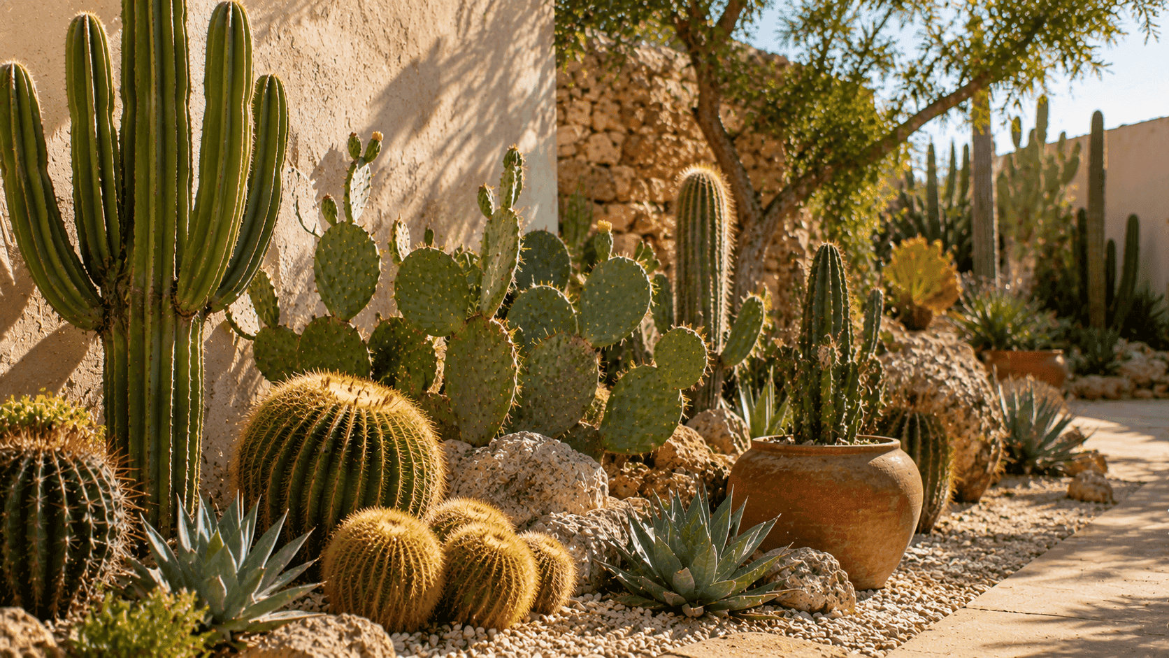 Colección de cactus y suculentas en un jardín árido, ideal para zonas secas y cálidas con mucho sol.