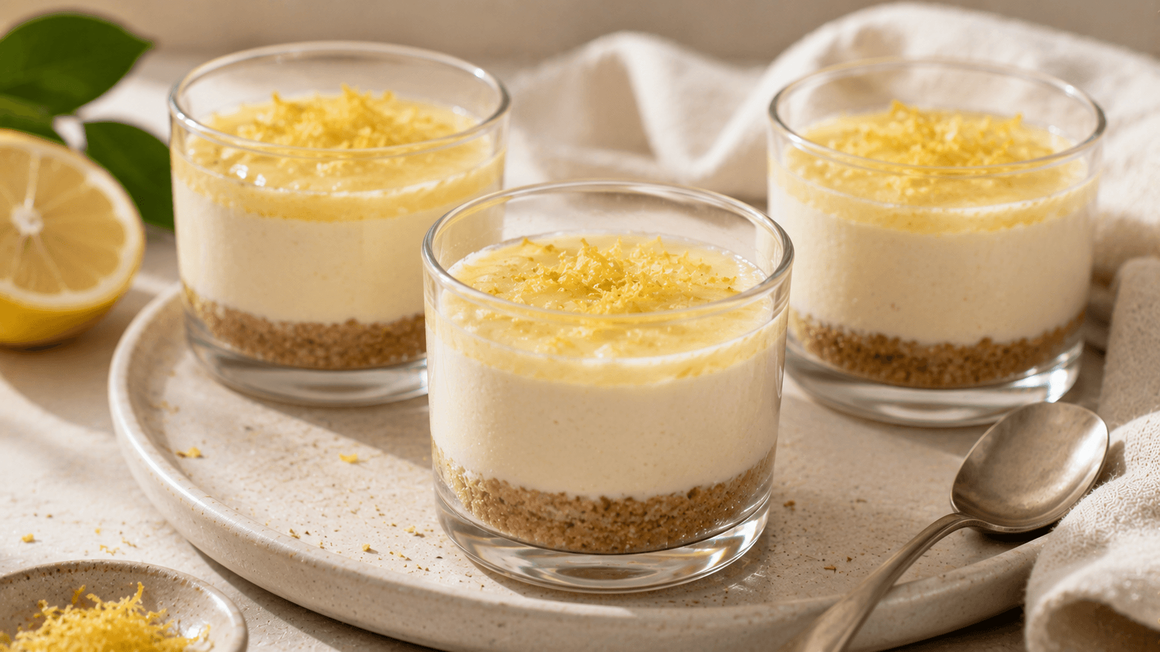 Cheesecake frío en vasos individuales con base de galleta y crema de limón, perfecto para días de calor.
