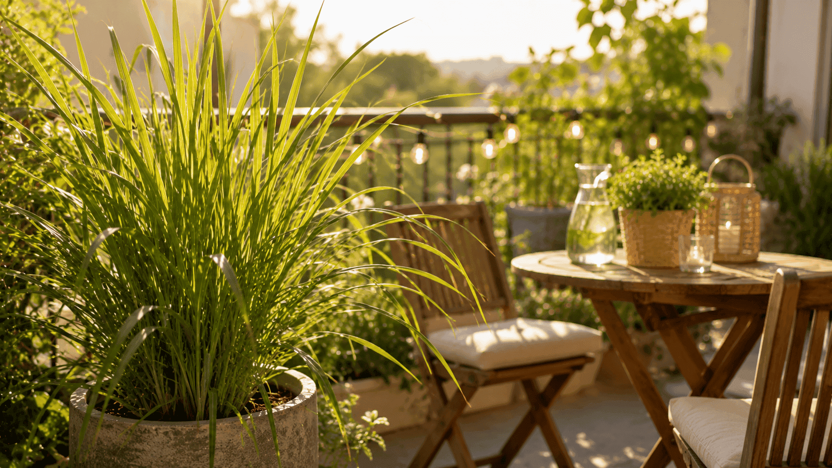 Maceta de citronela en una terraza con mobiliario exterior, una planta conocida por su aroma cítrico durante el verano.