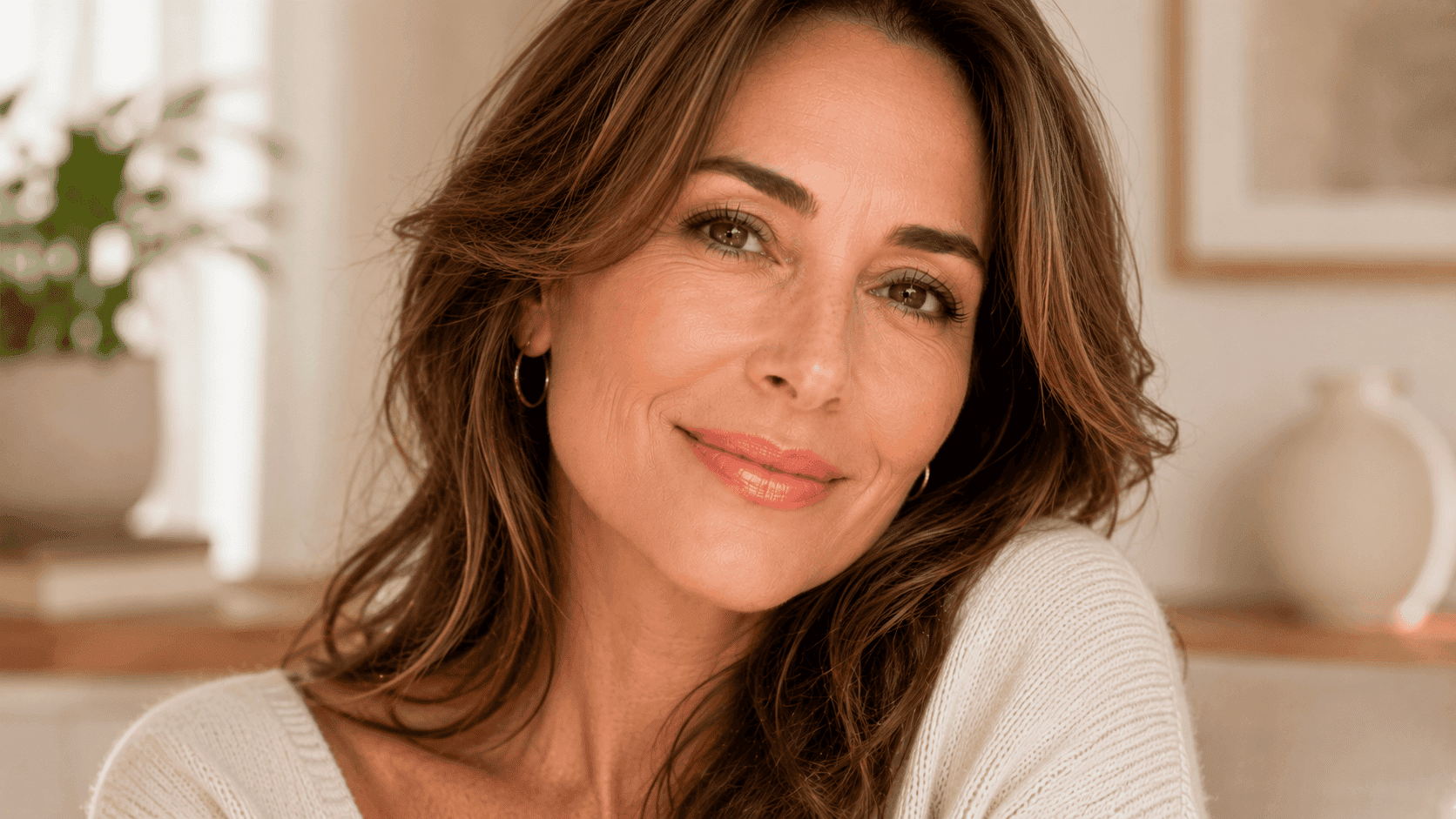 Mujer con labial tono durazno y maquillaje suave, una opción favorecedora para iluminar el rostro después de los 40