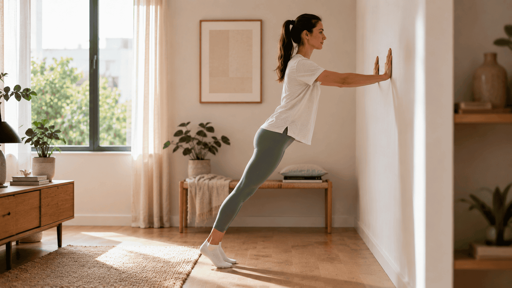 Persona realizando ejercicios para piernas y glúteos en casa mientras empuja una pared con postura estable y movimiento controlado.