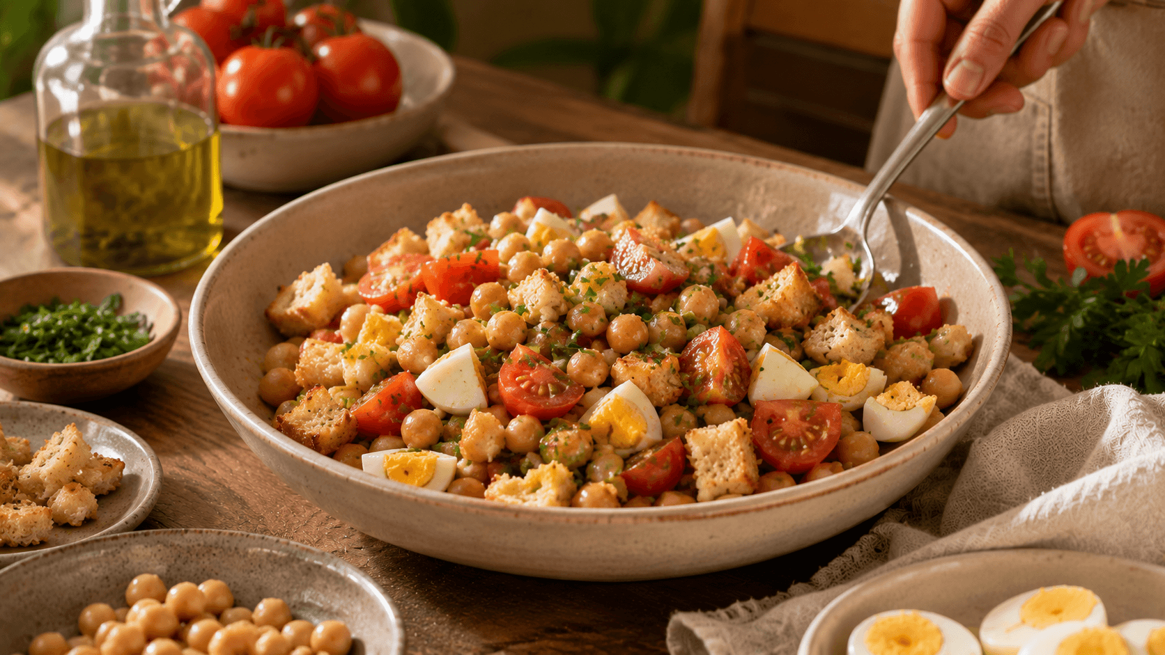 Ensalada templada con garbanzos, tomate, huevo duro y pan tostado en cubos servida como comida de aprovechamiento