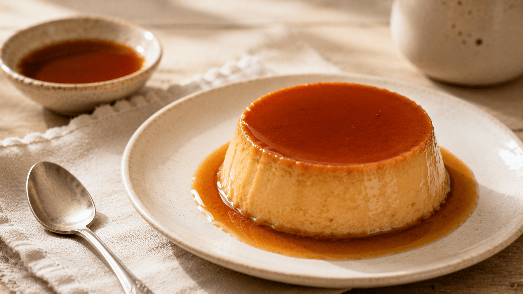 Flan casero con caramelo servido en plato blanco, una opción tradicional dentro de los postres fáciles sin horno.