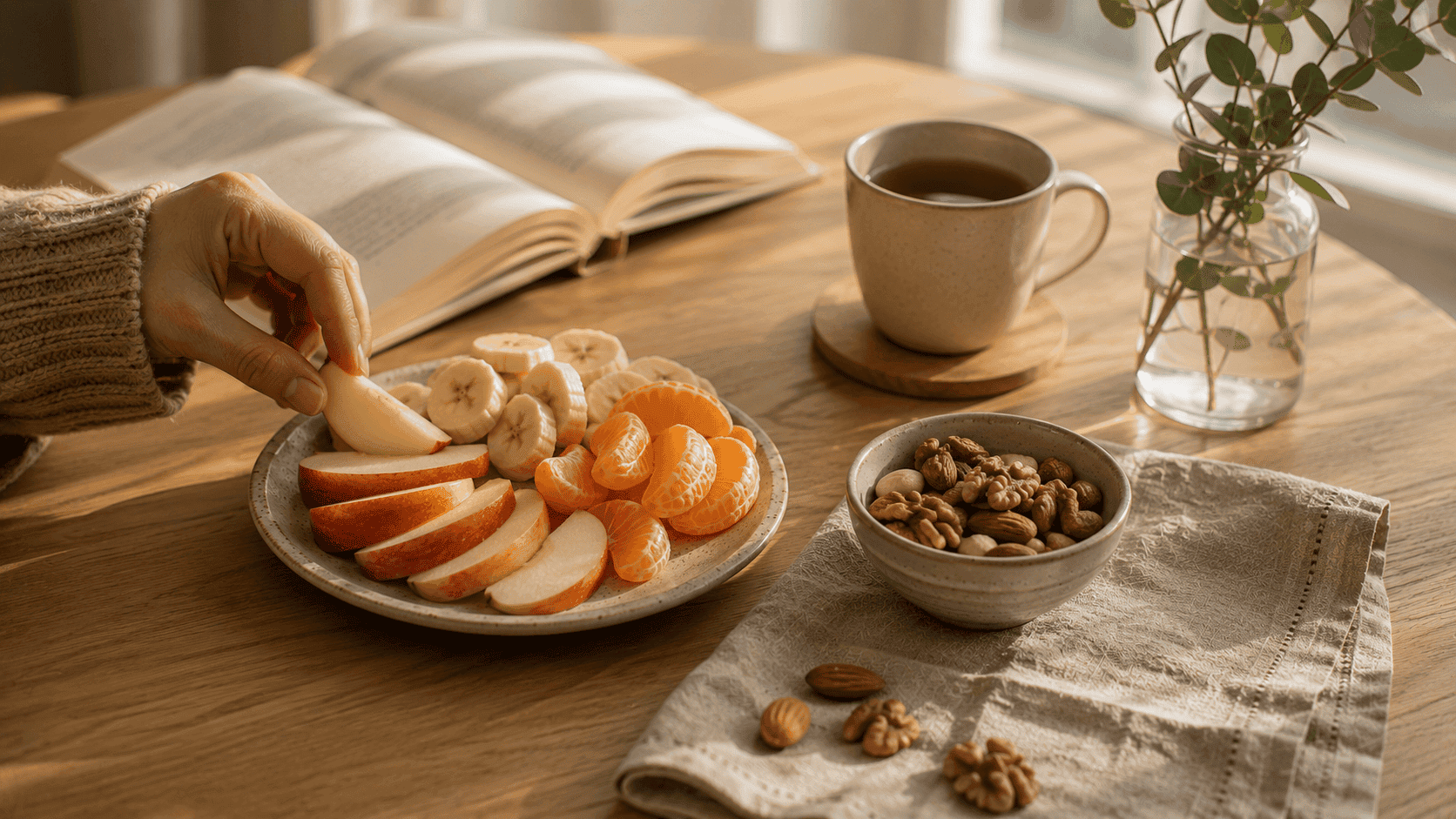 Plato con manzana, mandarina y frutos secos listo para resolver la media tarde con una de las meriendas saludables fáciles.