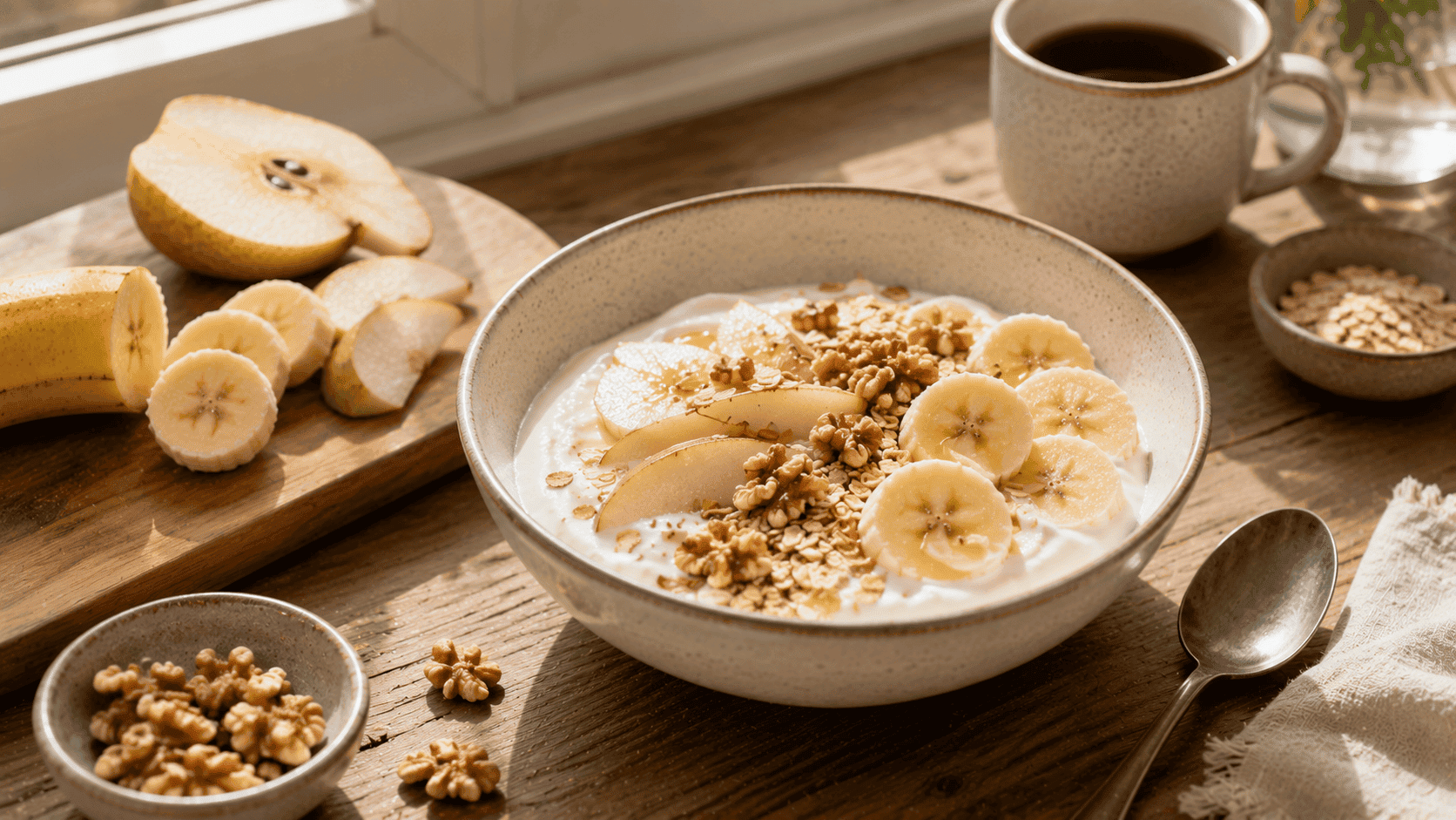 Bol de yogur con avena, plátano, pera y nueces servido junto a fruta fresca en una mesa iluminada por el sol.