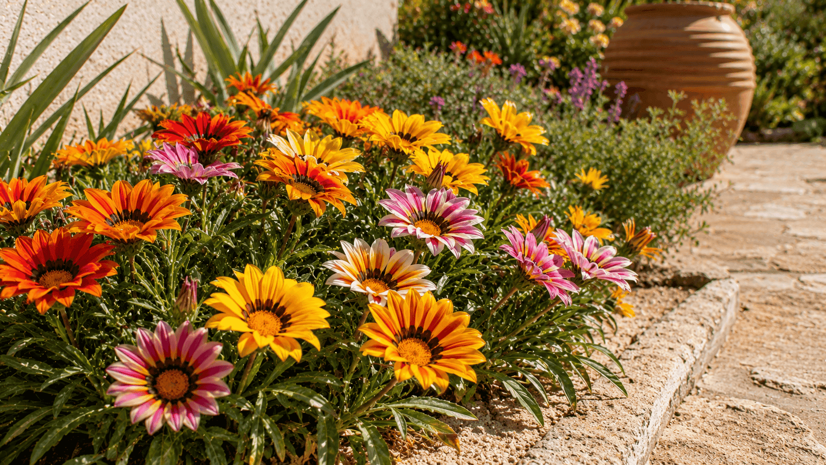Gazanias de colores intensos floreciendo en un jardín soleado, entre las flores resistentes al sol más populares.