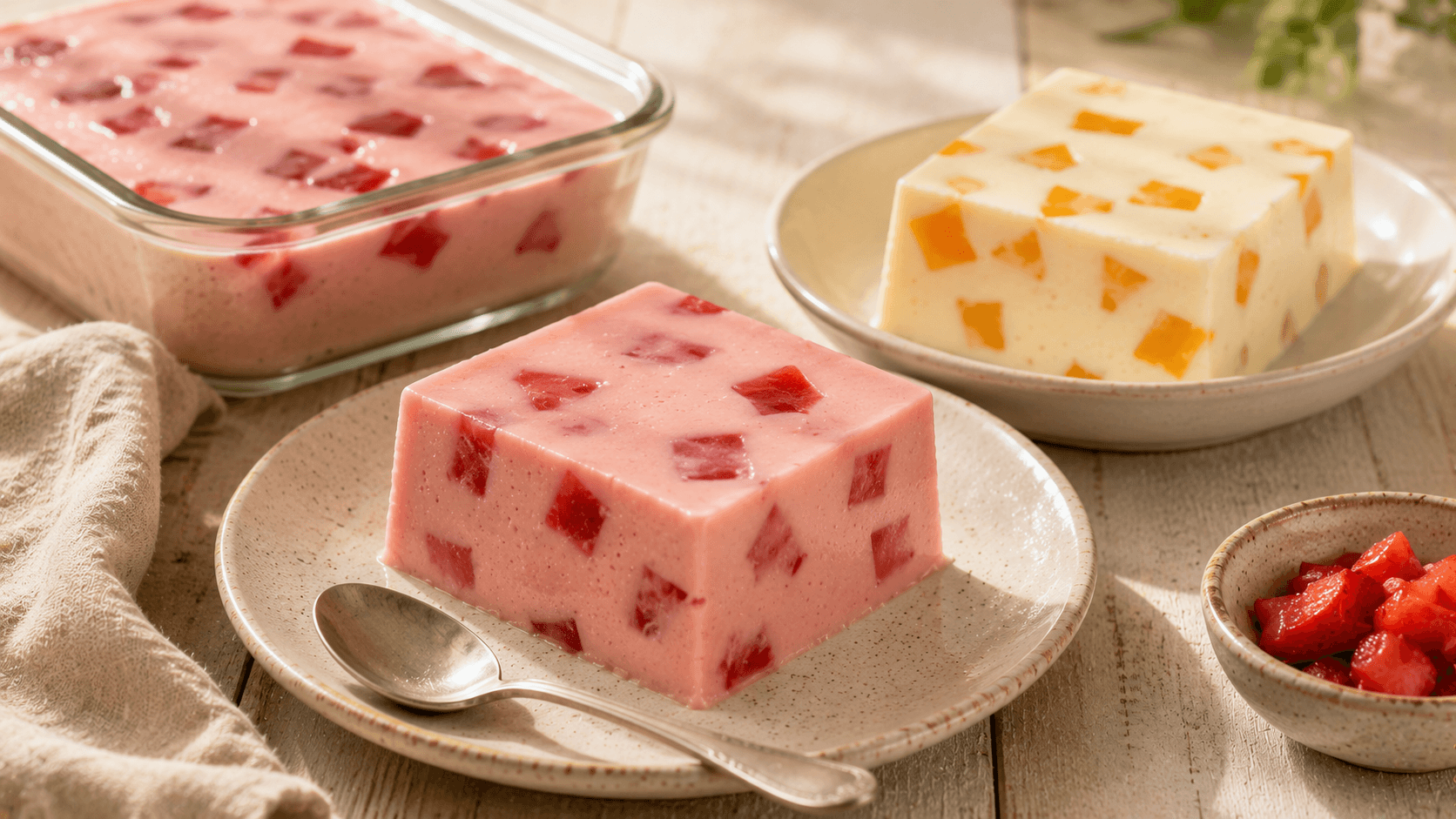 Gelatina cremosa con trozos de fruta en recipientes de vidrio, ideal como postre frío para días de calor.