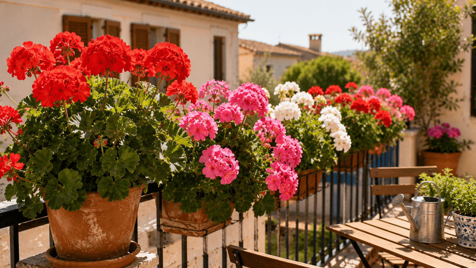 Geranios en macetas sobre un balcón soleado, una de las plantas de exterior para terrazas y balcones más utilizadas.