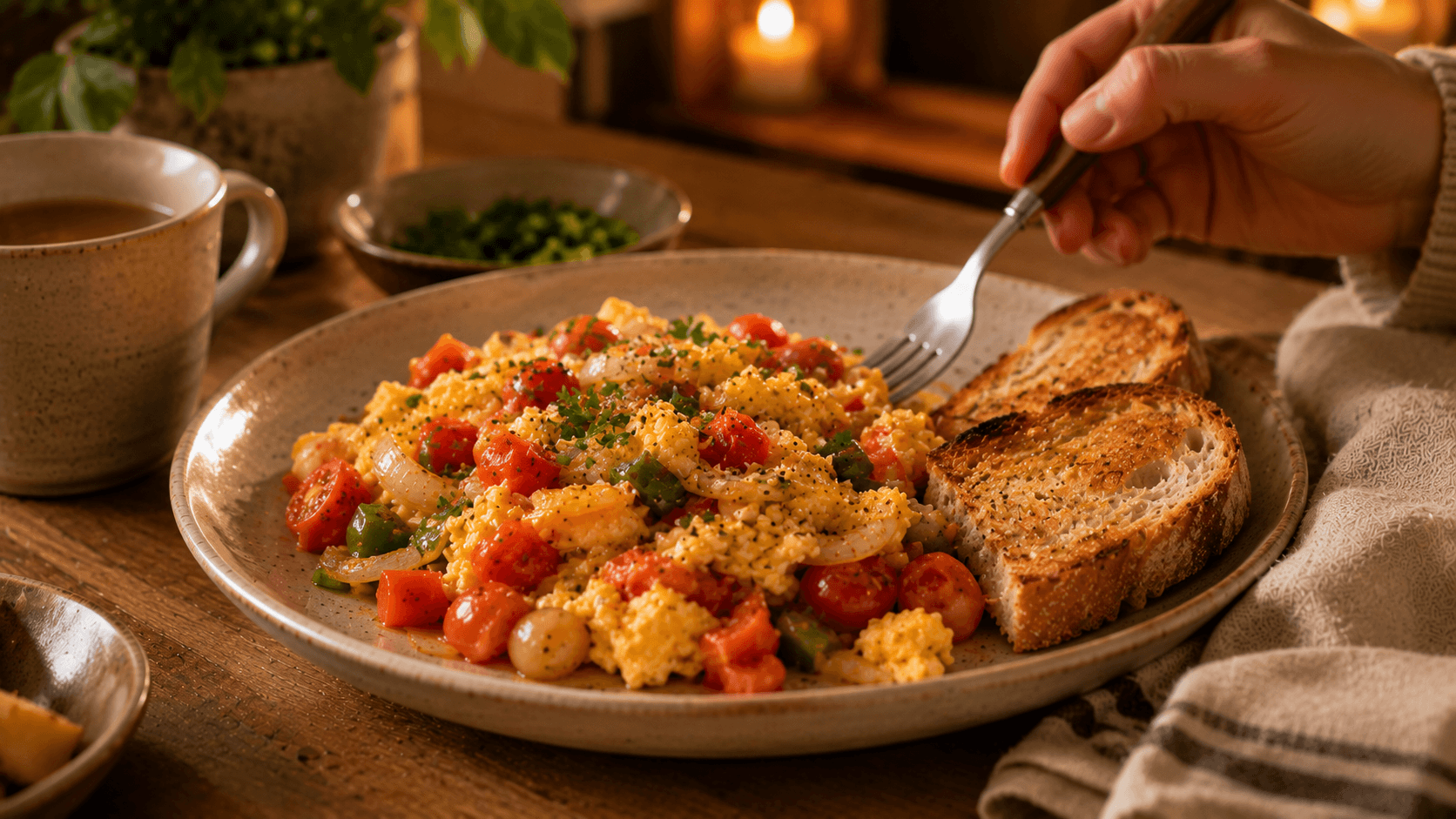 Huevos revueltos con tomate y verduras acompañados de pan tostado en una mesa cálida de cocina casera
