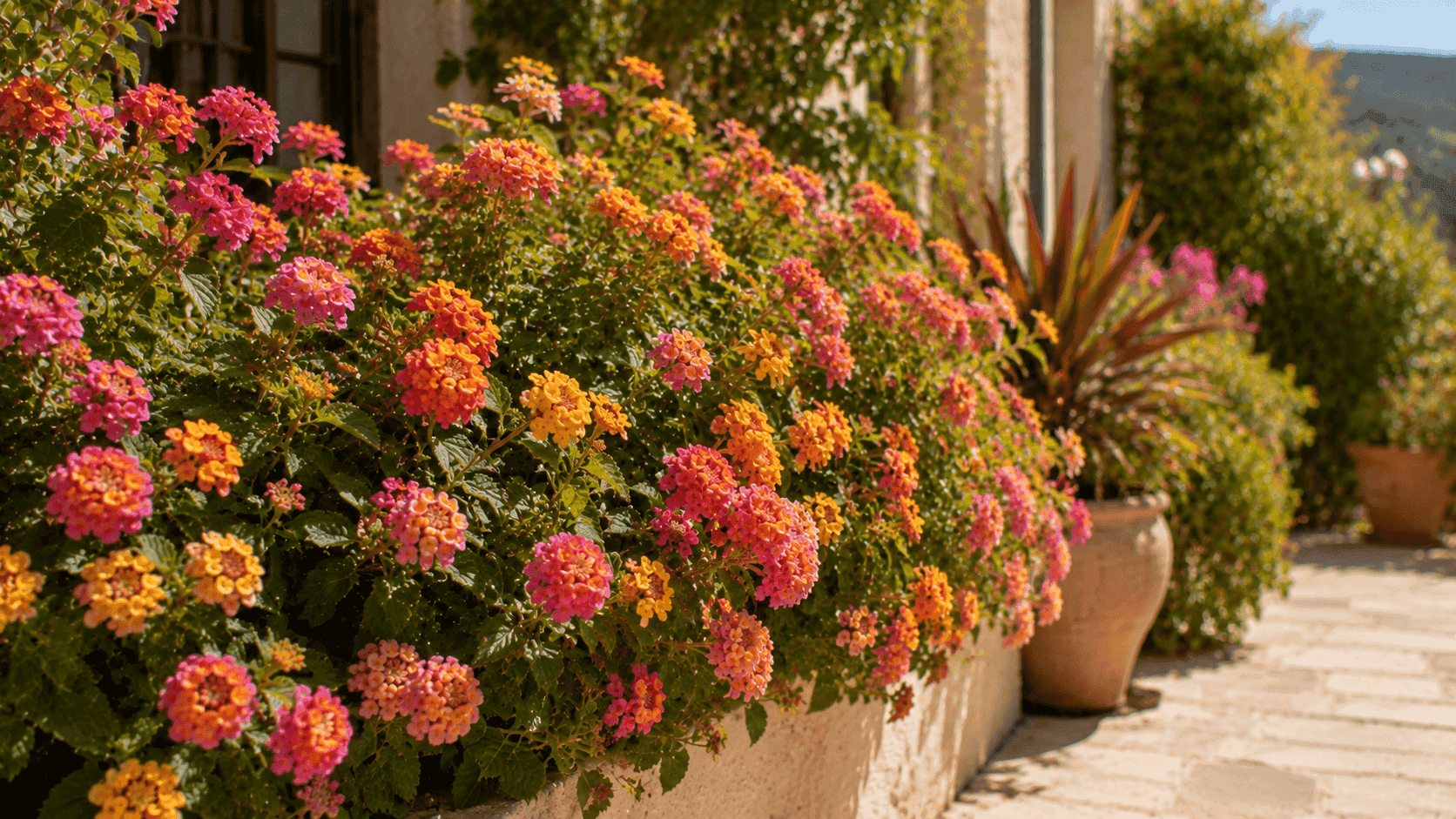 Lantana con flores rosadas, amarillas y naranjas en un jardín soleado, resistente al calor y a la sequía.