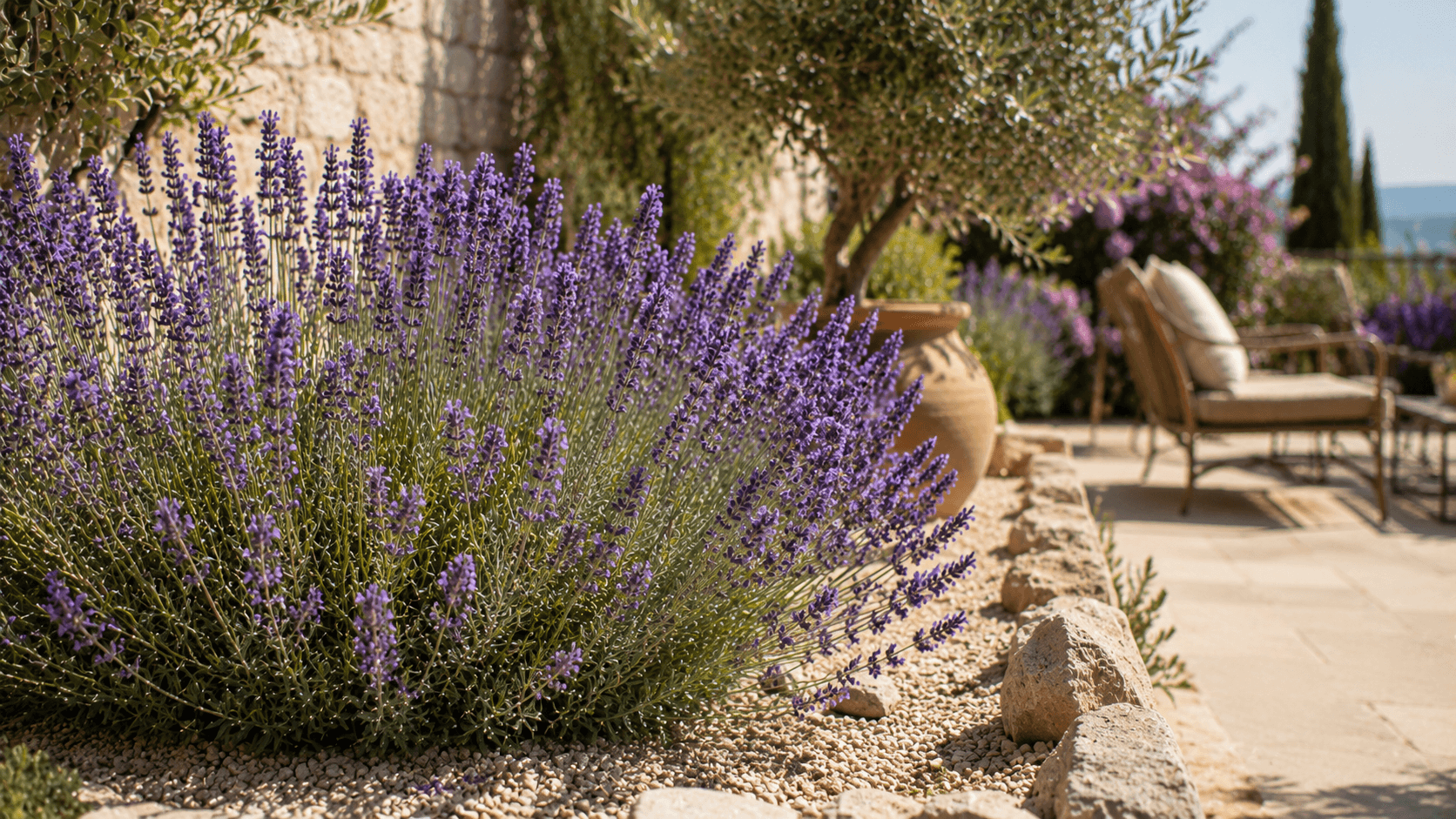 Lavanda creciendo en un jardín soleado, una de las plantas de exterior resistentes al sol más valoradas por su floración.