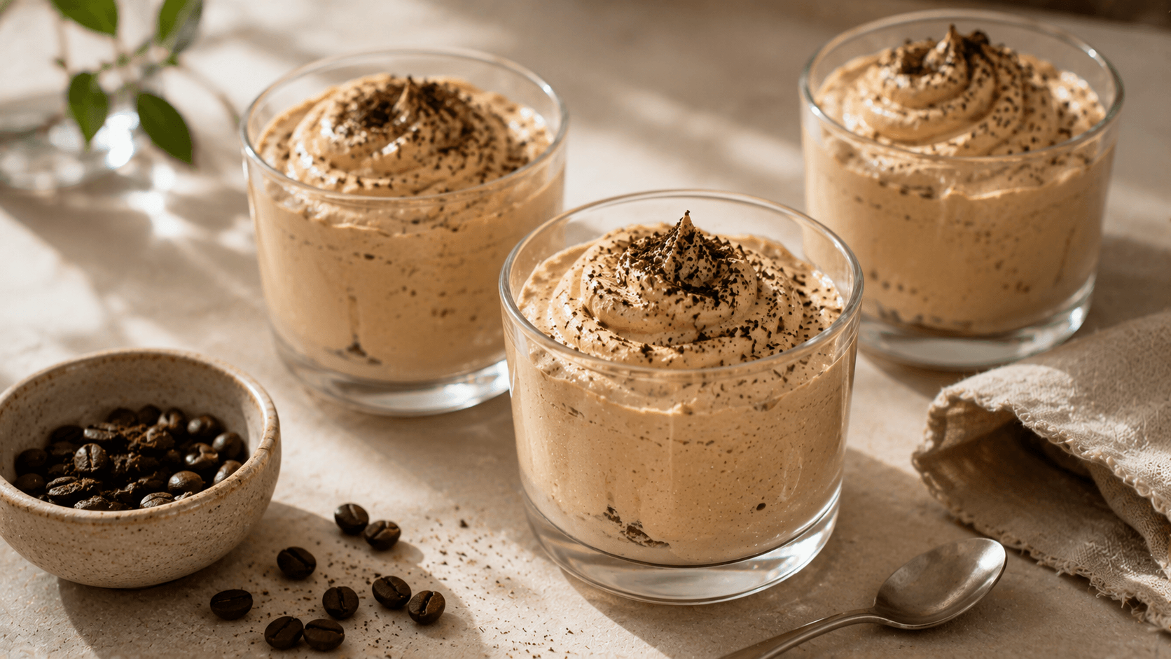 Vasos con mousse de café cremoso decorado con café molido, ideal para quienes buscan recetas de postres sin horno.