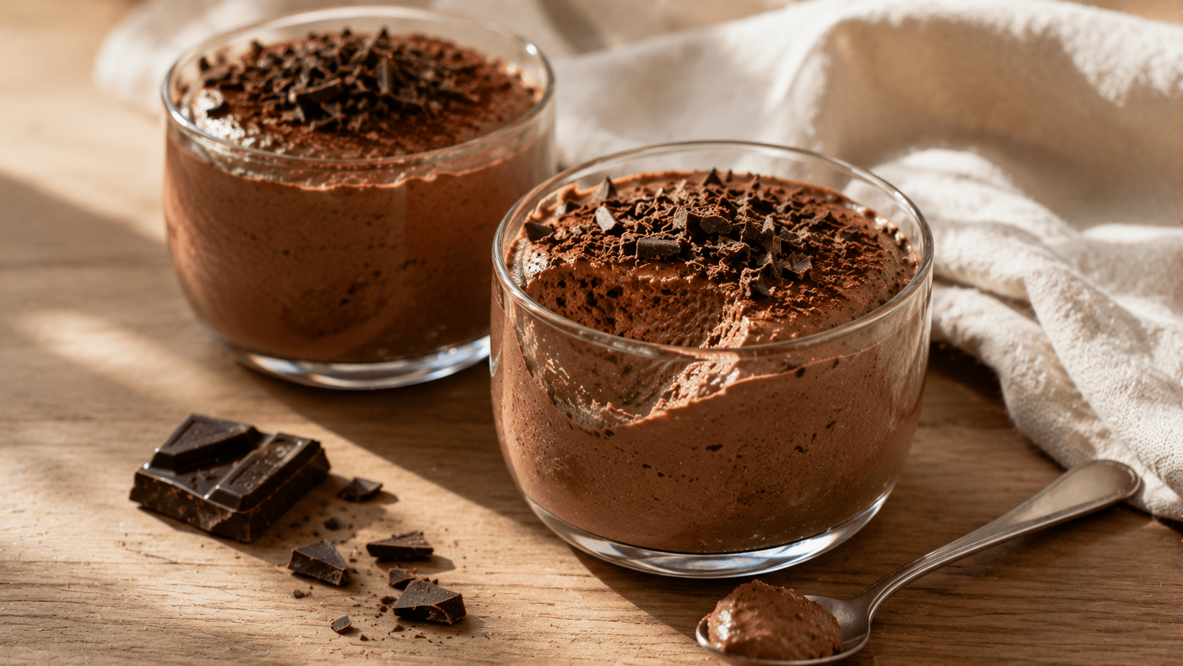 Mousse de chocolate servido en vasos individuales, una opción de postres fáciles sin horno y sin harina para preparar en casa.
