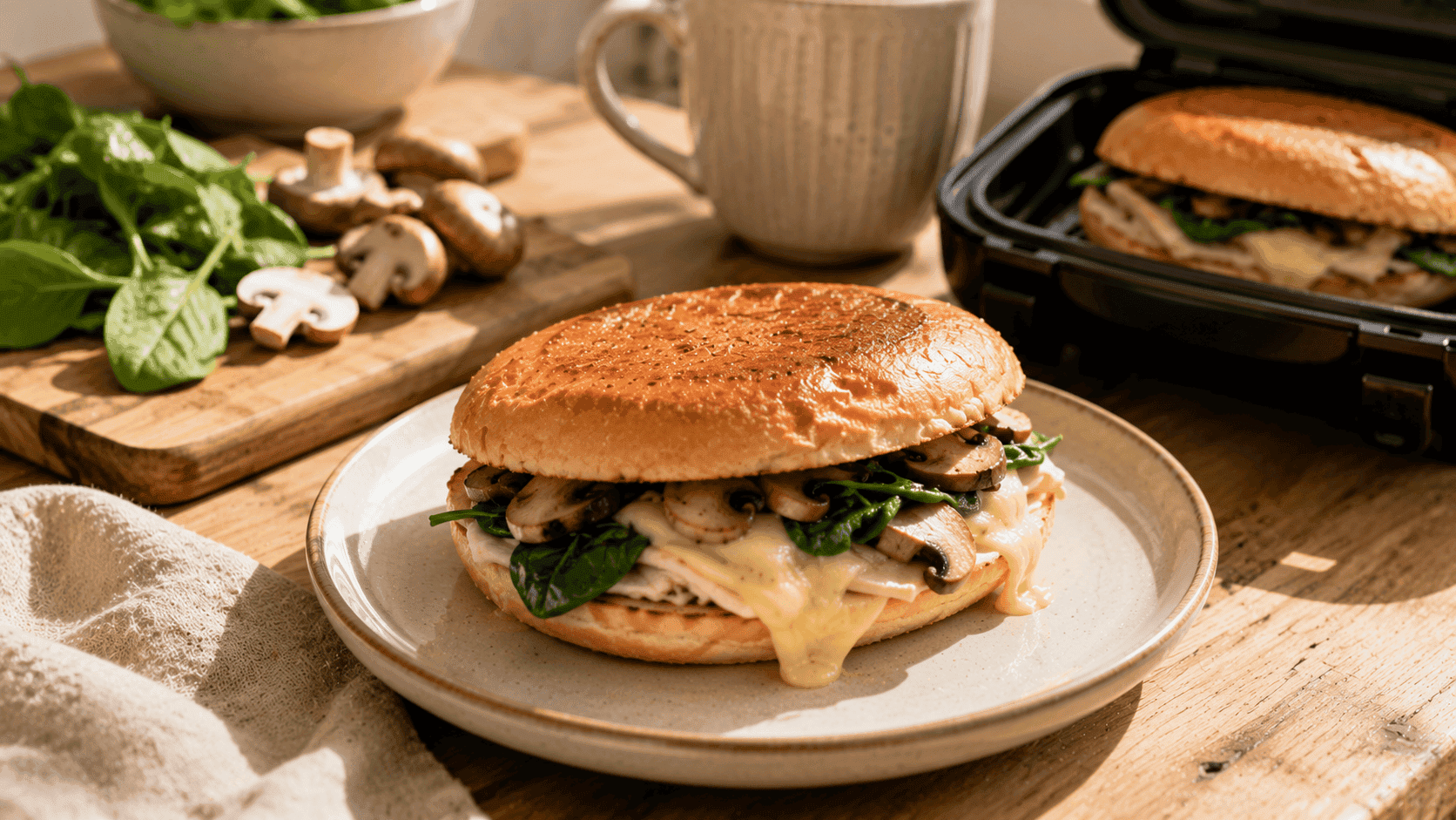 Mini sándwich de pan de hamburguesa con queso fundido, espinacas y champiñones, una forma de aprovechar pan de hamburguesa sobrante.