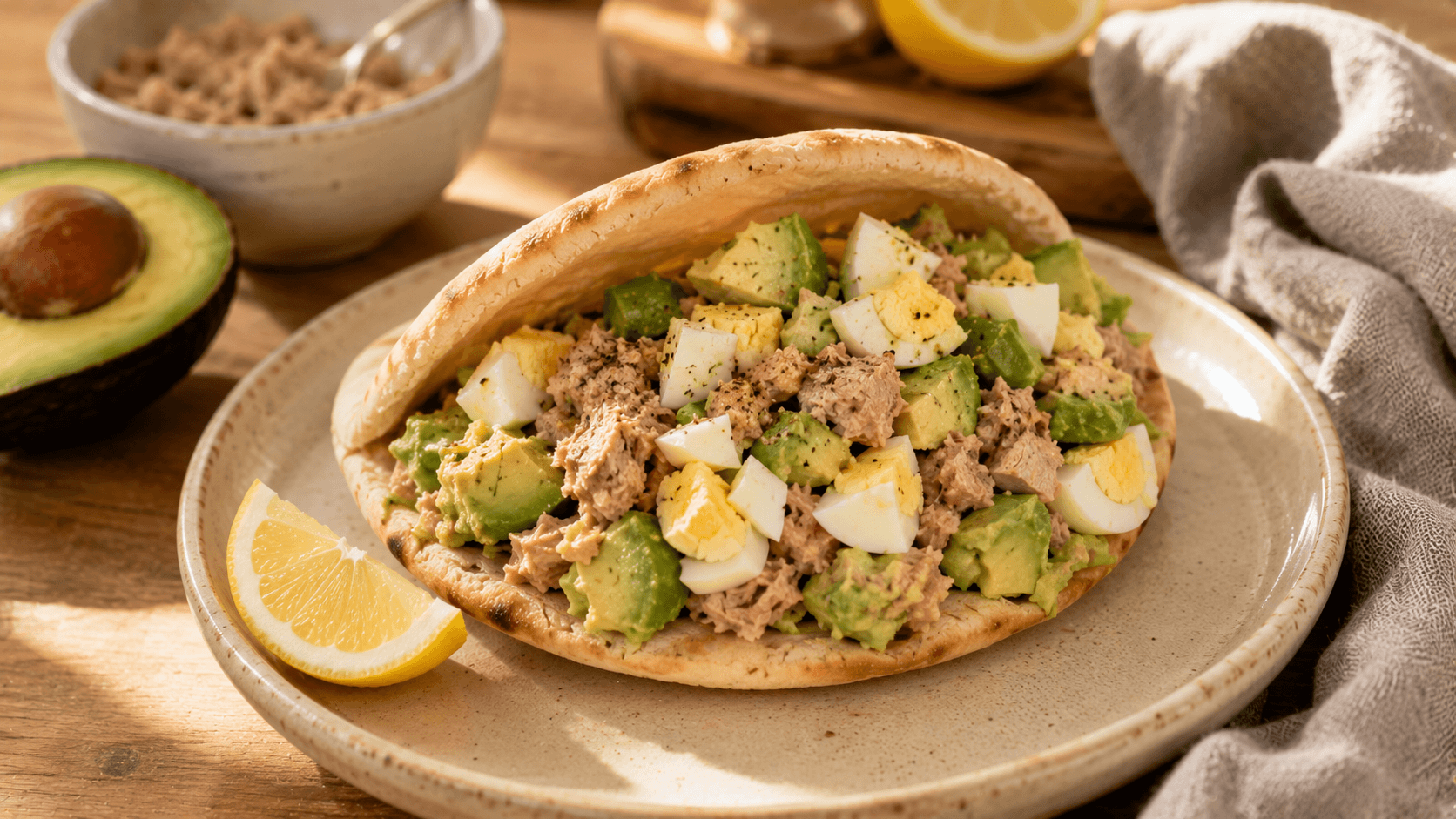 Pan pita relleno con atún, huevo cocido y aguacate sobre un plato, acompañado de limón y ingredientes frescos.
