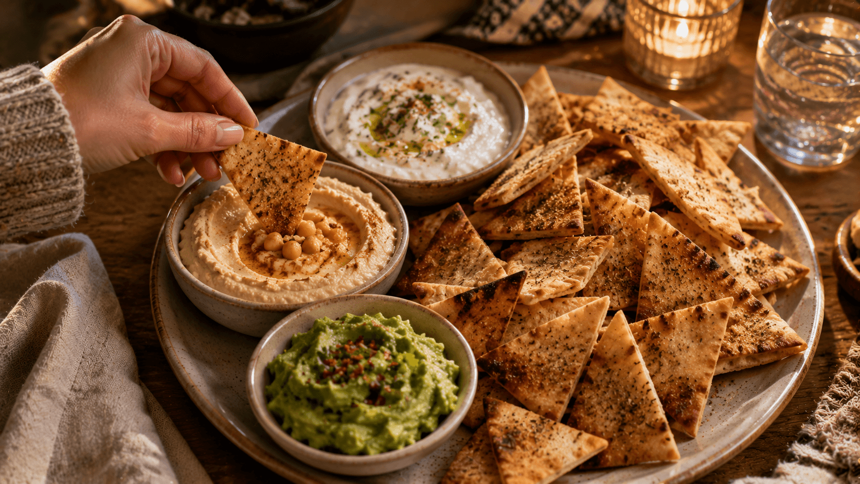 Chips de pita al horno servidos con hummus, guacamole y salsa de yogur como opción crujiente para compartir.