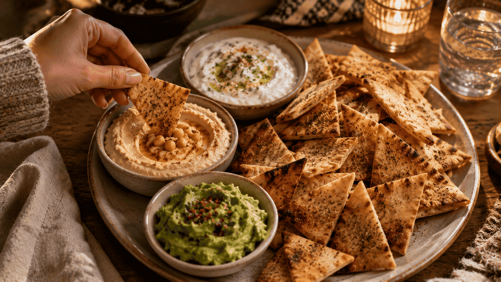 Chips de pita al horno servidos con hummus, guacamole y salsa de yogur como opción crujiente para compartir.