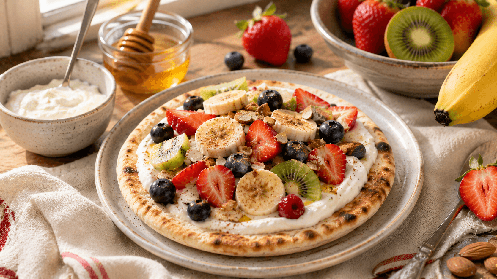 Pan pita cubierto con yogur, frutas frescas y frutos secos como alternativa dulce dentro de recetas con pan de pita.