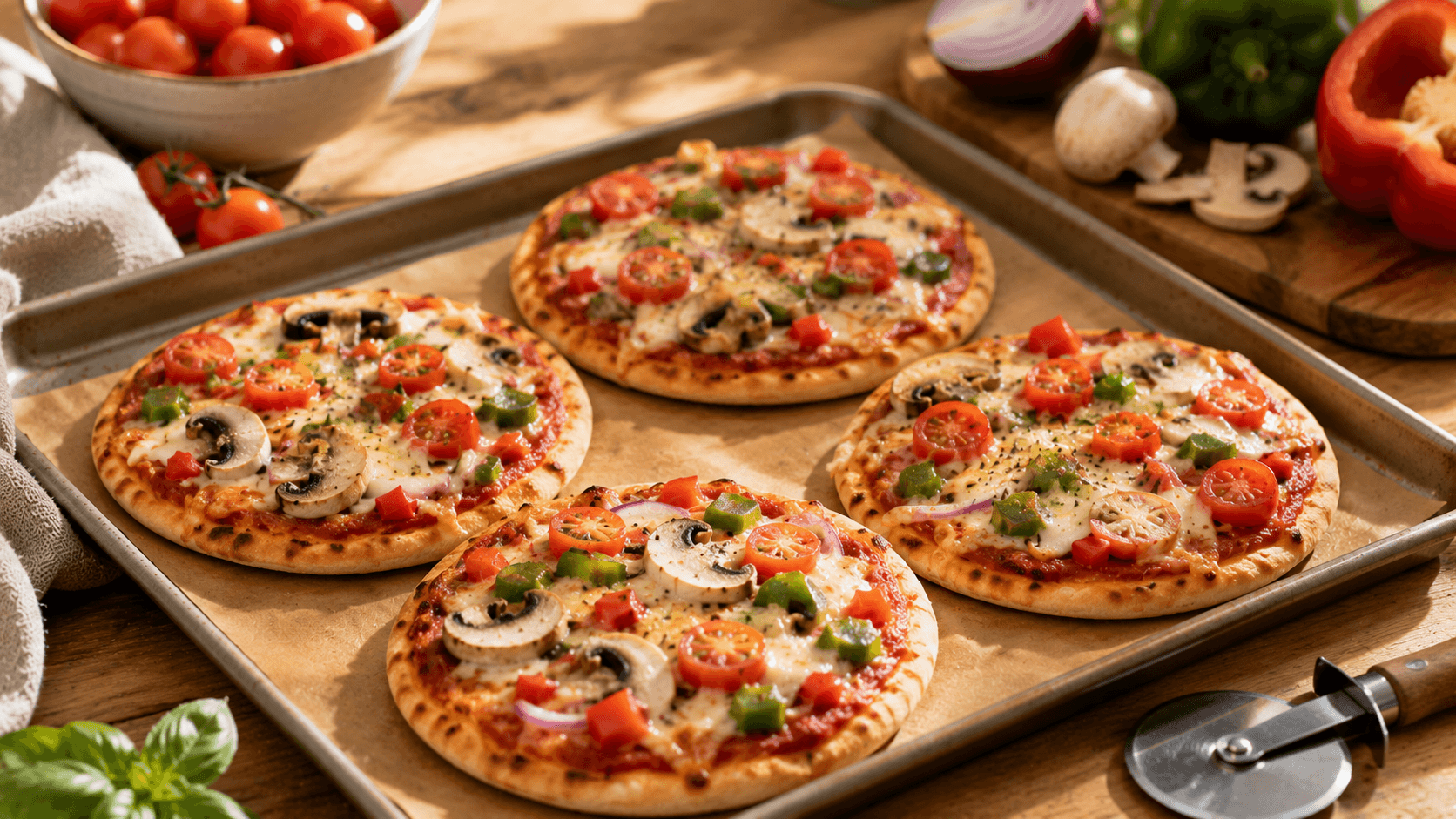 Mini pizzas con pan pita cubiertas con queso, tomate y vegetales horneados sobre una bandeja de cocina.