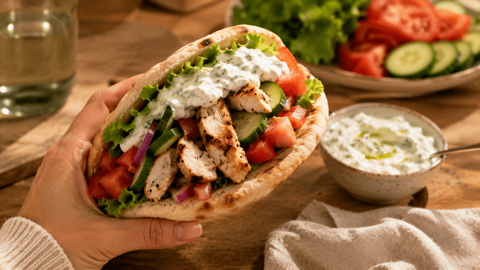 Pan pita relleno con pollo a la plancha, verduras frescas y salsa tzatziki en una cena rápida inspirada en recetas mediterráneas.
