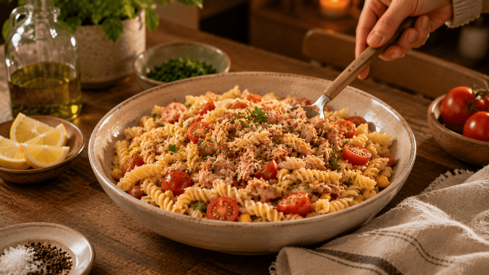Pasta corta con atún y tomates cherry mezclada en una fuente grande, una de esas cenas fáciles con lo que tienes en casa