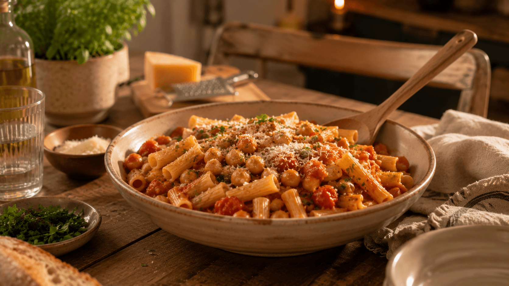 Pasta corta con garbanzos y tomate servida en una fuente familiar, una idea práctica para resolver la cena rápidamente