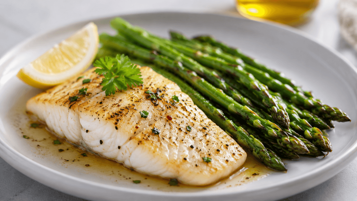 Cena de pescado blanco con espárragos