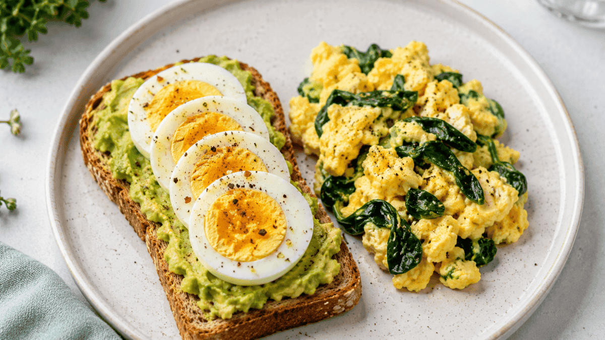 Plato con tostadas con huevo y huevos revueltos