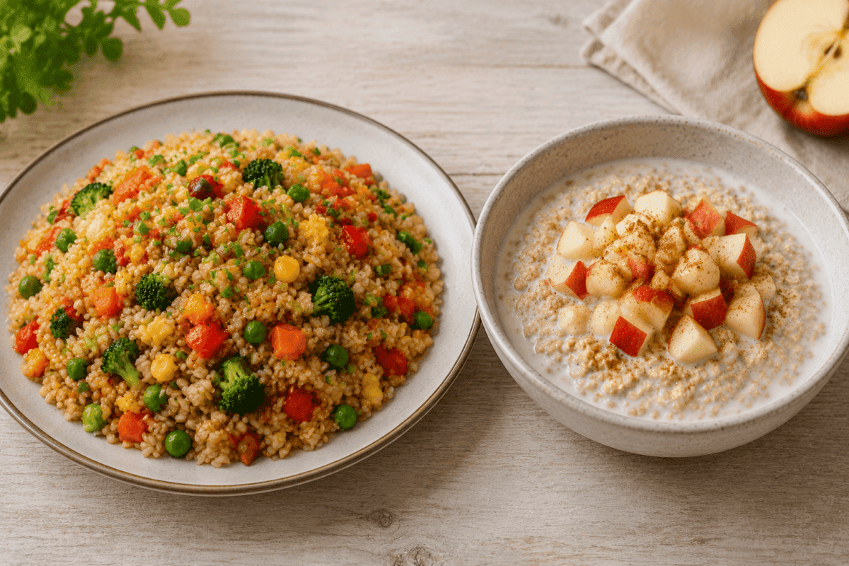 Platos de arroz y avena con leche